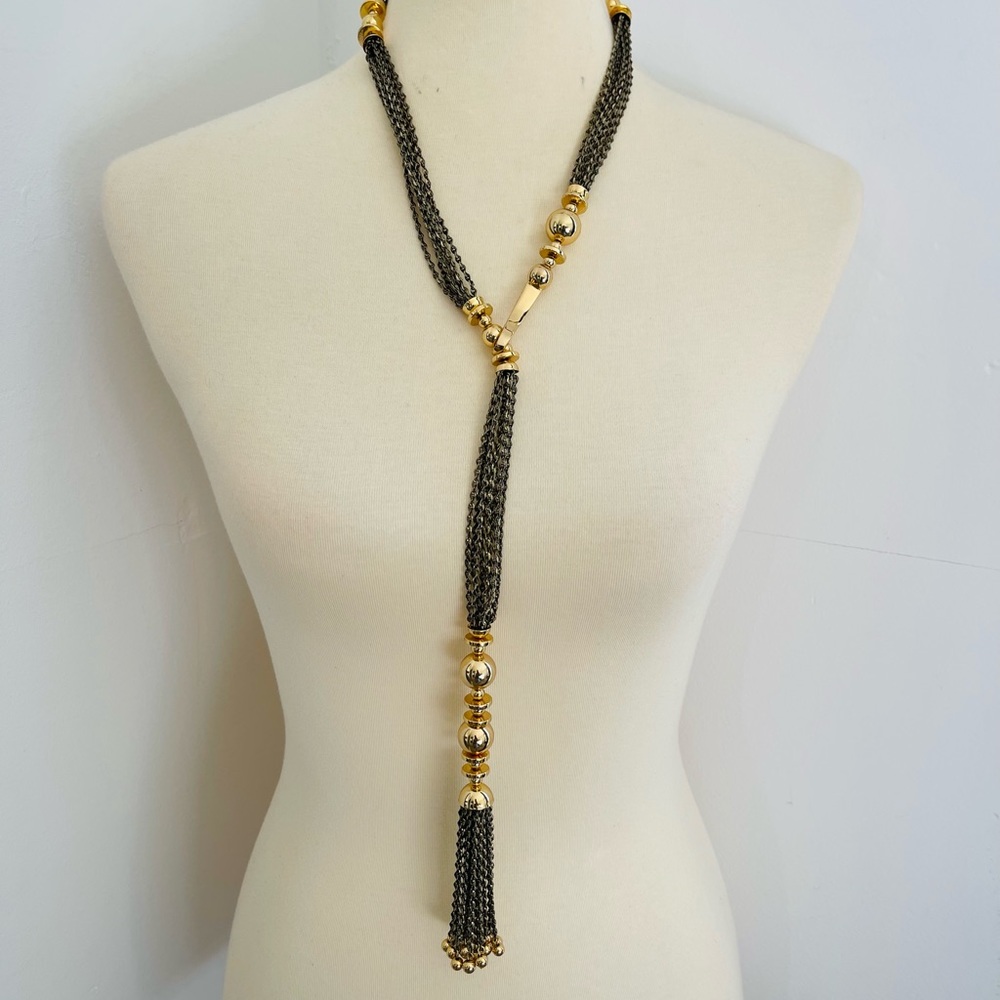 Women Retro Luxury Y-Shape Golden Tone Bead Twisted Tassels Chain Long Necklace